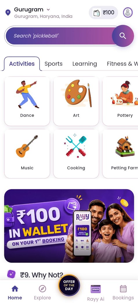 RAYY app home screen in Gurugram, with search, offers banner and activity cards