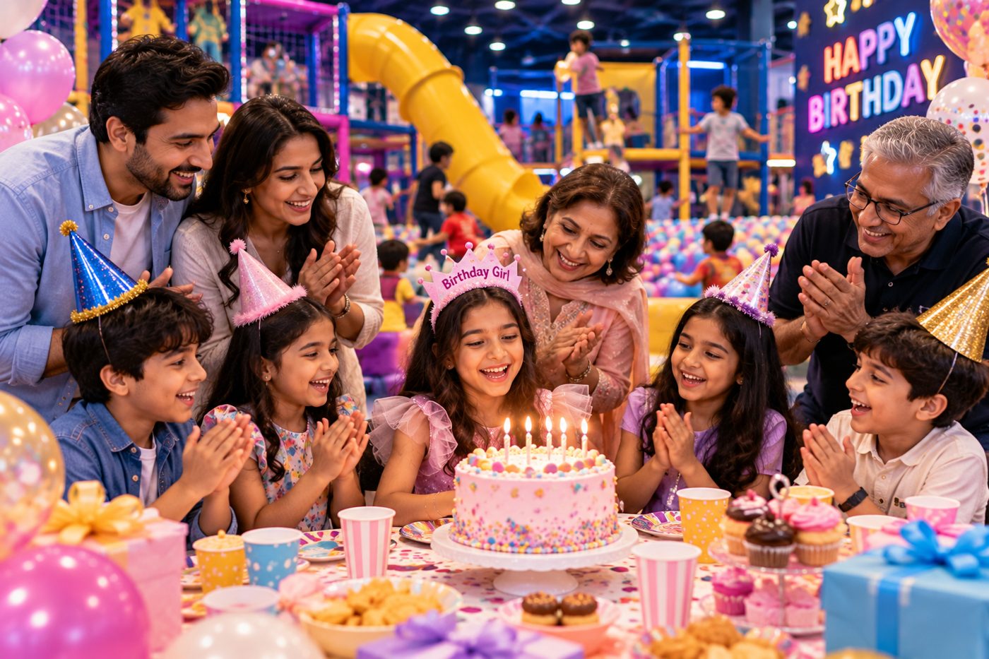 A girl in a birthday crown about to blow out her candles, with family and friends cheering at a play zone