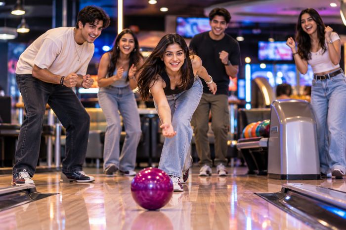 Friends cheering at a bowling lane
