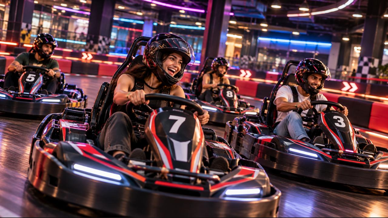 Friends racing go-karts on an indoor track