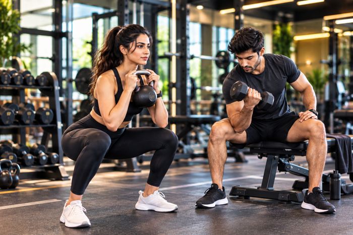 Kettlebell squat and dumbbell curls in a gym